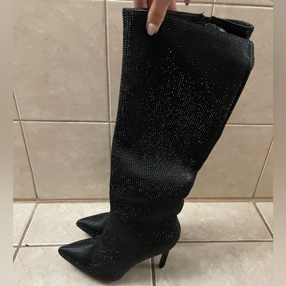 Black Rhinestone Knee High Boots - Picture 7 of 8